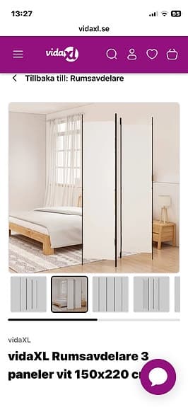Rumsavdelare 3 paneler vit 150x220 cm tyg