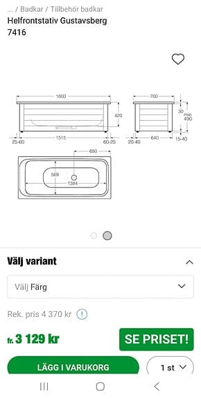 Helfrontstativ för badkar med en front och en gavel