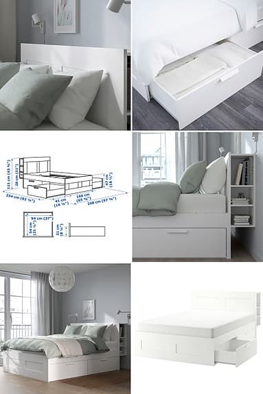 IKEA BRIMNES säng  med madrass /Sänggavel med hyllplan/
