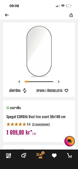 Jotex Cordia oval spegel 50x100 cm svart