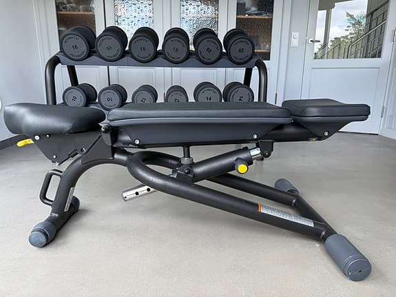 Technogym hemmagym – bänk, hantlar 10–20 kg + hantelställ