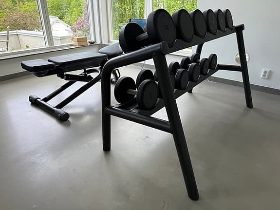 Technogym hemmagym – bänk, hantlar 10–20 kg + hantelställ