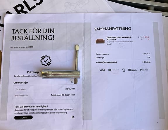 Oanvänd rosa Bemz-klädsel till IKEA Karlstad 2-sits soffa