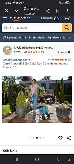 Gardena slangvagn med trädgårdsslang och munstycke