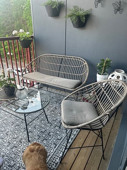 Utemöbel set rottingsoffa, fåtölj och bord i natur