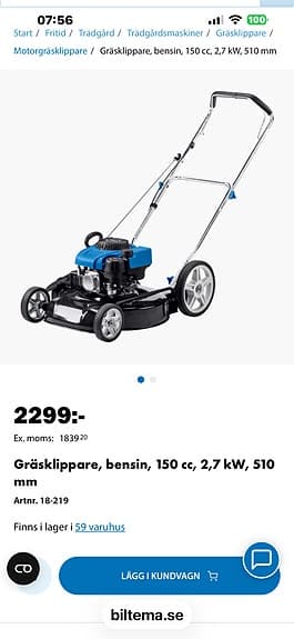 Gräsklippare bensin 150 cc 2,7 kW 510 mm blå