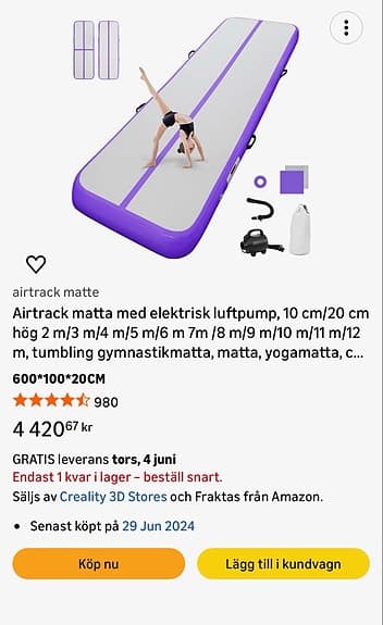 Airtrack matta 6 m med elektrisk pump