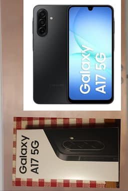 Samsung Galaxy A17 5G i svart färg.Den har en 6,7-tums