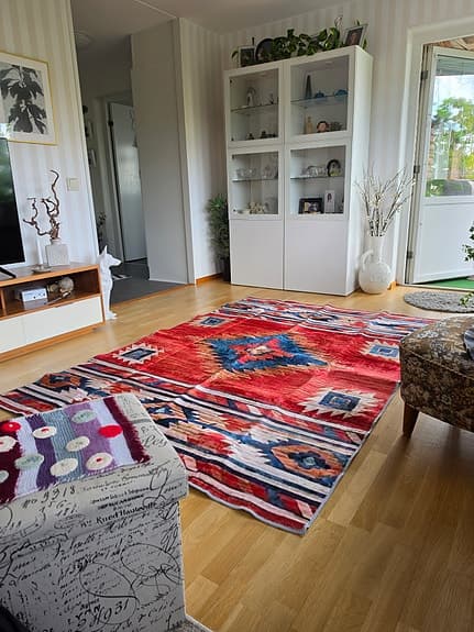 Röd mönstrad matta med etniskt motiv