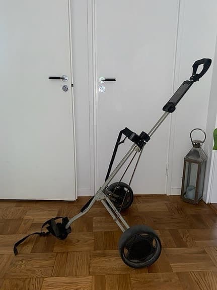 Golfklubbor med bag och golfvagn