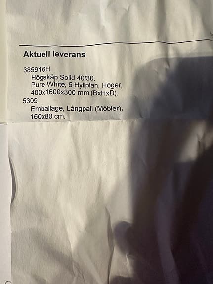 INR Solid 40/30 högskåp 40x160 vit högerhängd