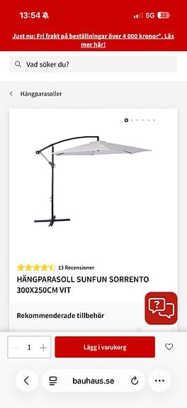Sunfun Sorrento hängparasoll 300x250 cm vit, HÄMTAS senast 23/6
