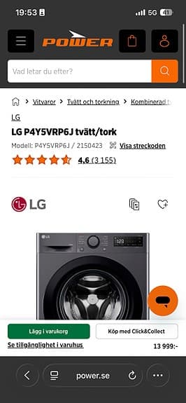 LG P4Y5VRP6J kombinerad tvättmaskin/torktumlare svart