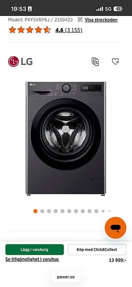LG P4Y5VRP6J kombinerad tvättmaskin/torktumlare svart