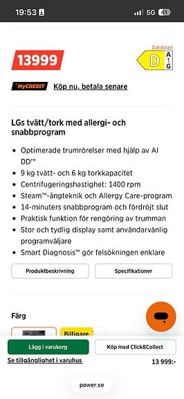 LG P4Y5VRP6J kombinerad tvättmaskin/torktumlare svart