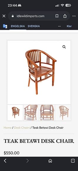 2 st Teak ”Betawi” Karmstolar för utomhusterass, inne el balkong
