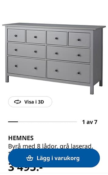 IKEA HEMNES byrå 8 lådor grålaserad