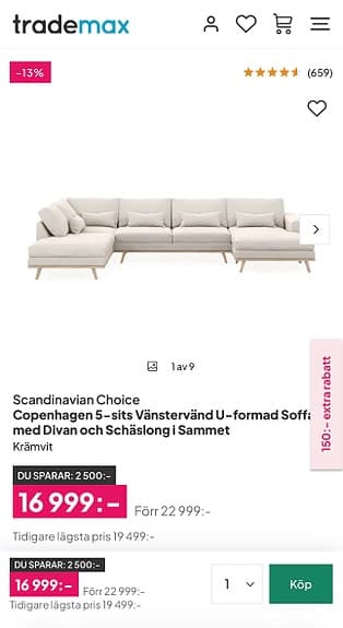 Soffan copenhagen 5-sits U-formad Soffa med Divan och Schäslong i Sammet