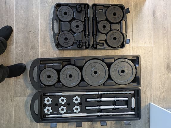 Hantel- & skivstångspaket – totalt ca 65 kg