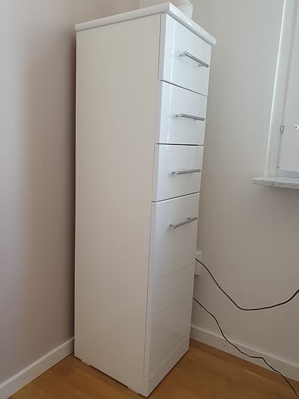 Vita behändiga skåp för förvaring.