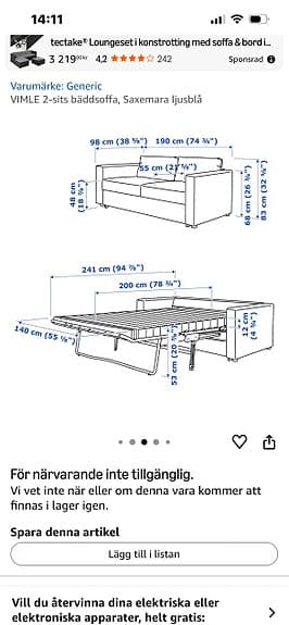 Ikea Vimle ljusblå bäddsoffa, 2 sits
