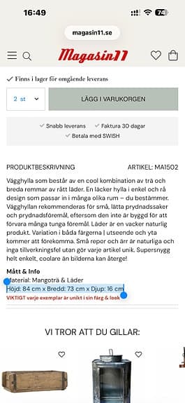 Vägghylla med läderband