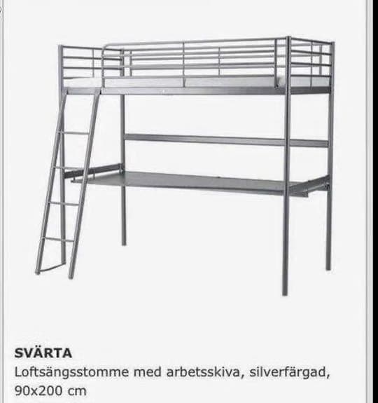IKEA SVÄRTA loftsängsram med skrivbord, silverfärgad