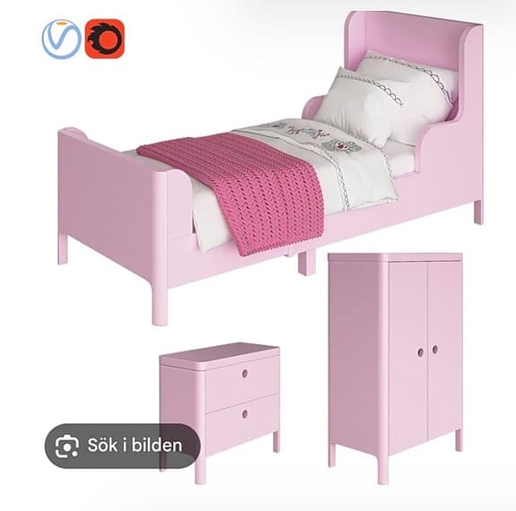 IKEA ”busunge”  Rosa med tillhörande klädskåp + byrå