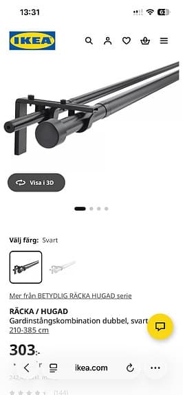 IKEA svart gardinstång med väggfästen