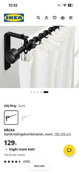 IKEA svart gardinstång med väggfästen