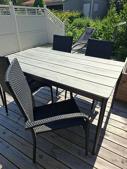 Matgrupp utomhus bord och 4 stolar svart/grå