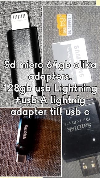 64gb sd micro, 128gb usb c för backup samt adapter iPhone lightning till usd cp