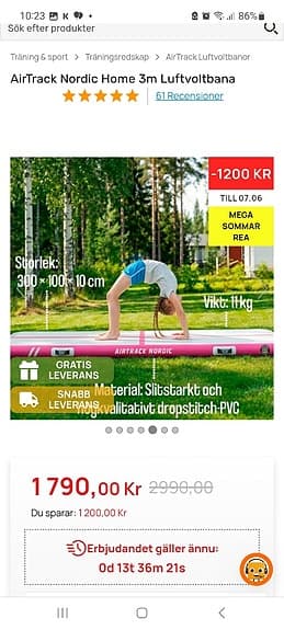 Airtrack Nordic 3 m luftvoltbana  gymnastikmatta
