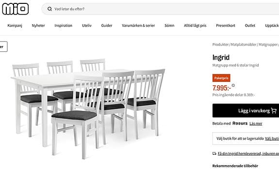 Mio Ingrid matgrupp bord och stolar vit