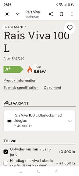 Rais Viva L braskamin vit med glaslucka och sidoglas