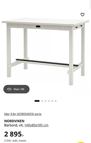 IKEA NORDVIKEN Barbord 140x80 cm – Vitt – Mycket fint skick