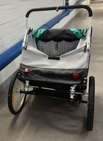 Cykelvagn barnvagn grön/grå med två hjul