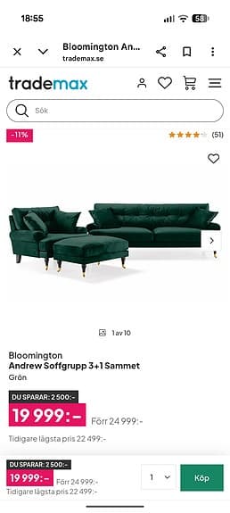 Soffgrupp Andrew i mörkgrön sammet. Soffa 3-sits + fåtölj + fotpall