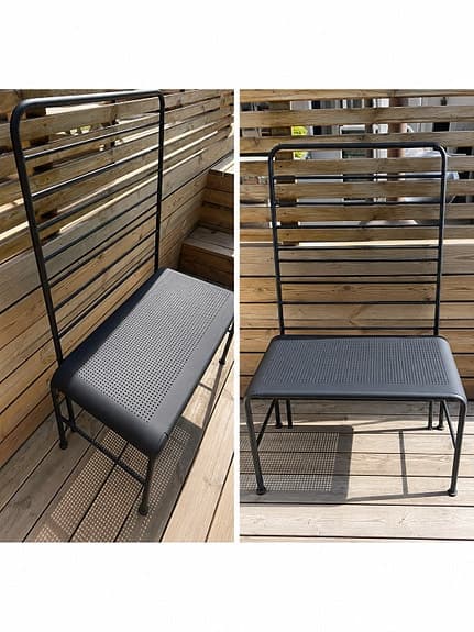 Svart metallbänk med hög rygg för uteplats/balkong