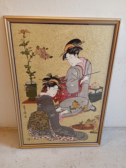 Vacker stor Japansk tavla med geishor i ram