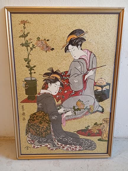 Vacker stor Japansk tavla med geishor i ram