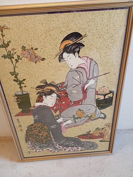 Vacker stor Japansk tavla med geishor i ram