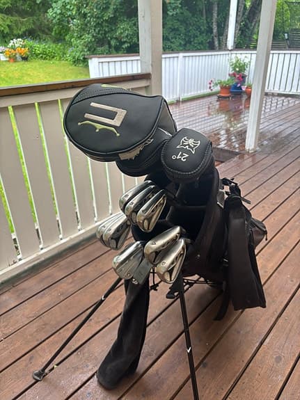 Golfset med bag och klubbor. F9 driver och TaylorMade järnset