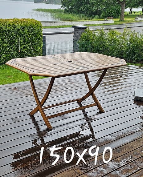 Trädgårdsbord 150x90 med 4 positionsstolar i teak.