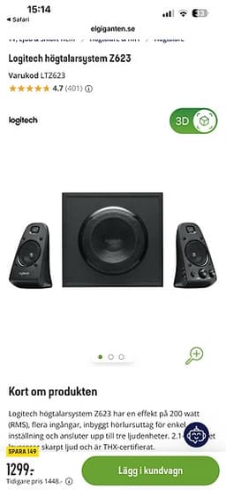 Logitech högtalarpaket med subwoofer 2.1.  Z623