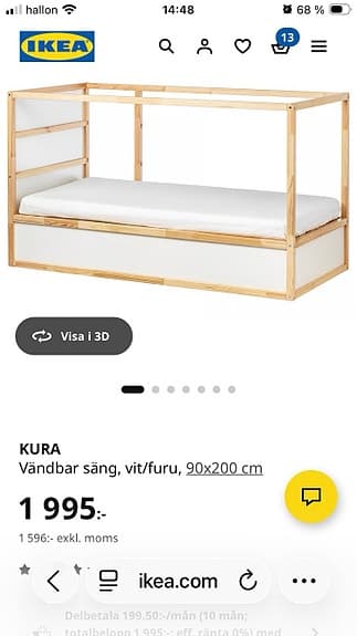 IKEA KURA vändbar juniorsäng 90x200 vit/furu