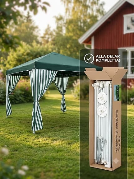 Grönt partytält med sidogardiner