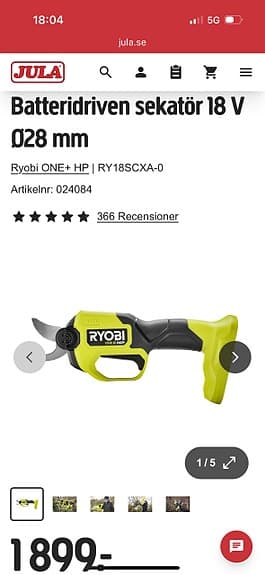 Ryobi ONE+ HP RY18SCXA-0 batteridriven sekatör