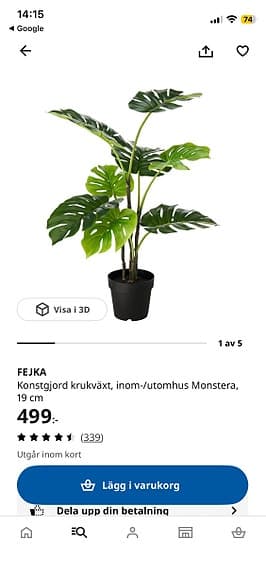 IKEA FEJKA konstgjord Monstera krukväxt 19 cm svart kruka