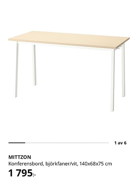 MITTZON konferensbord 140x68 cm – björkfaner/vit